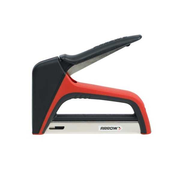 Arrow Handtacker aus Metall und Kunststoff in Rot und Schwarz.
