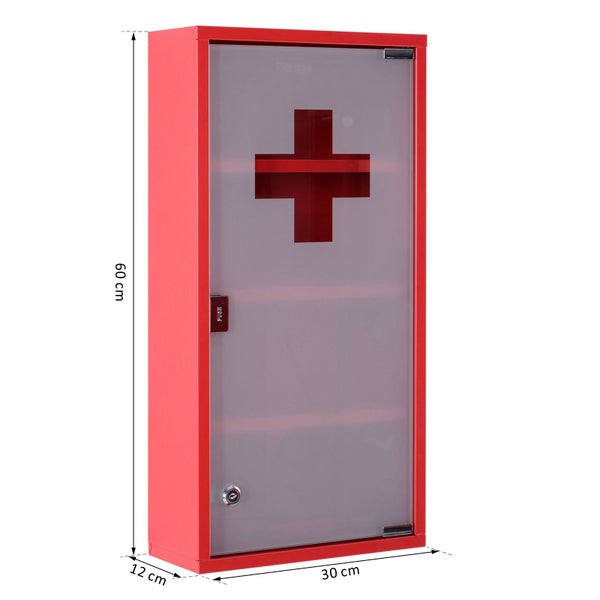 HOMCOM Medizinschrank Arzneischrank Medikamentenschrank mit 3 Ebenen Erste-Hilfe-Schrank mit Schloss Apothekerschrank mit Mattglastür Stahl Rot 27 x 57 x 12 cm