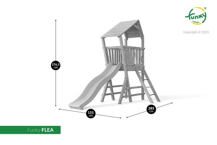 Spielturm Funky FLEA aus Holz mit Rutsche und Leiter, Höhe 276,5 Zentimeter, Breite 151 Zentimeter, Länge 285 Zentimeter.