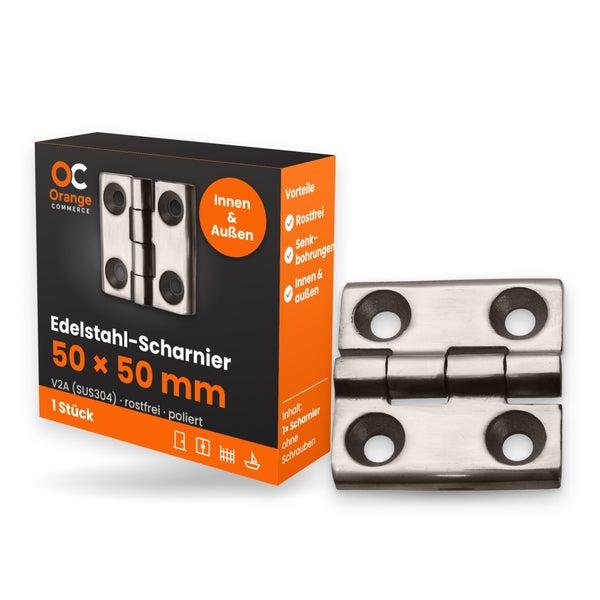 Edelstahl Scharnier 50 mal 50 Millimeter von Orange Commerce in der Verpackung
