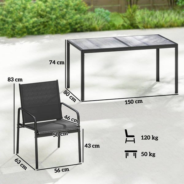 Gartentisch und Gartenstuhl mit Abmessungen. Tisch: 150 mal 80 mal 74 Zentimeter. Stuhl: Belastbarkeit 120 Kilogramm, Tisch: 50 Kilogramm.