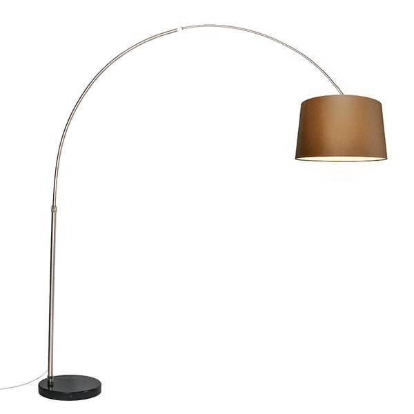 QAZQA - Modern Bogenleuchte I Bogenlampe I Lampe I Leuchte Stahl I Silber I nickel matt Stoffschirm braun 45 cm - XXL I Wohnzimmer - Stahl Länglich - LED geeignet E27