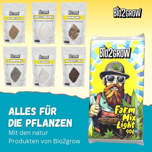Bio2Grow products for plants: Dolomit Kalk, Urgesteinsmehl, Neemcake, Wurmhumus, Alcenkalk, Anzucht-Mix and Farm Mix Light soil