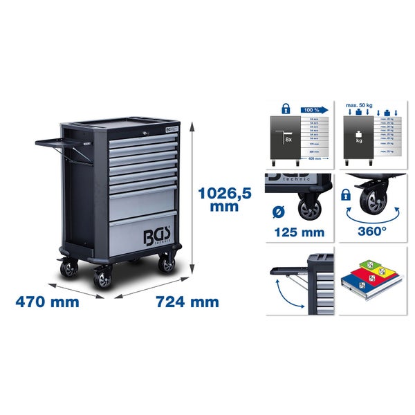Werkstattwagen mit Schubladen und ausklappbarer Ablagefläche und technischen Details