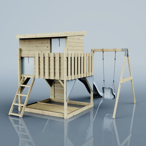 Draufsicht auf einen Spielturm aus Holz mit Rutsche, Schaukel und Dach.