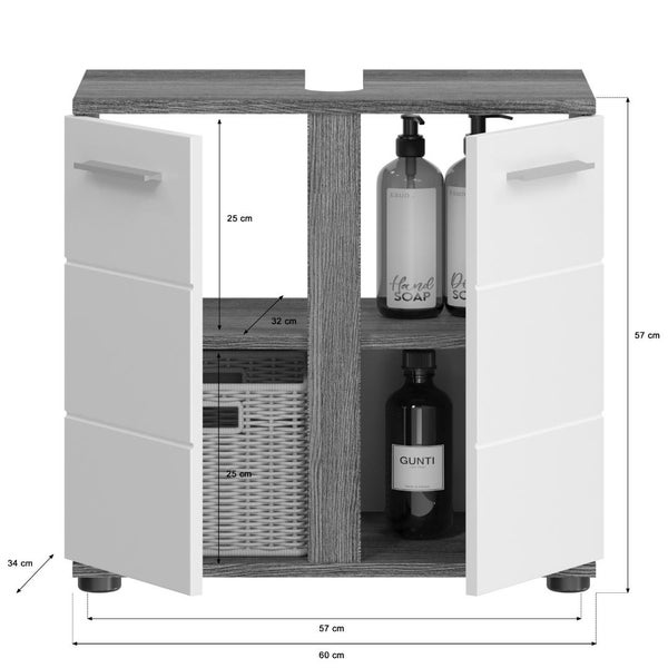 Waschbeckenunterschrank mit zwei offenen Türen, Innenregalen und Maßangaben: Breite 60 Zentimeter, Höhe 57 Zentimeter, Tiefe 34 Zentimeter.
