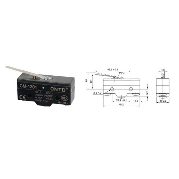 Mikroschalter CNTD CM 1301 mit Hebel und technischer Maßzeichnung für industrielle Anwendungen.