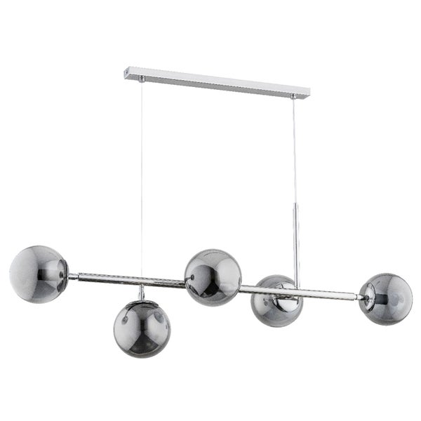 Moderne Pendelleuchte mit fünf kugelförmigen Glasschirmen und verchromter Metallaufhängung