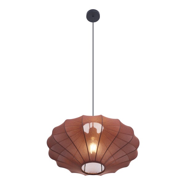 Moderne Pendelleuchte mit kupferfarbenem Schirm aus Metallgeflecht und schwarzer Abhängung.