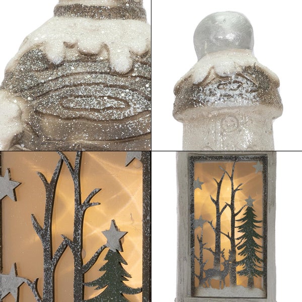 ECD Germany LED Weihnachtslaterne mit Warmweißes LED Licht, Beleuchtete LED-Laterne für Weihnachten, 60cm, Weiß, Beige, Grünes Tannenbild, verschneit, batteriebetrieben, Weihnachtsdekoration für Innen