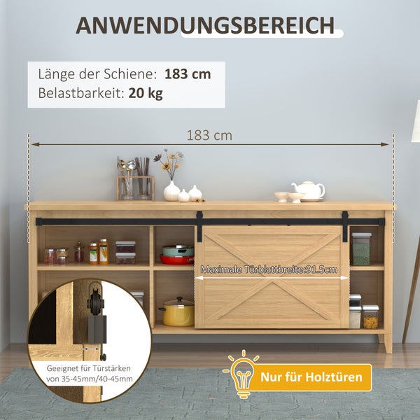 HOMCOM Schiebetürsystem Laufschiene Einzelschiebetür Schiebetürbeschlag für Holzschiebetür Zubehör Kohlenstoffstahl Schwarz 183 x 0,6 x 18 cm