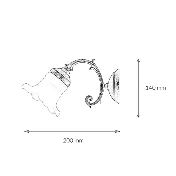Skizze einer Wandleuchte mit den Maßen 140 mm Höhe und 200 mm Länge
