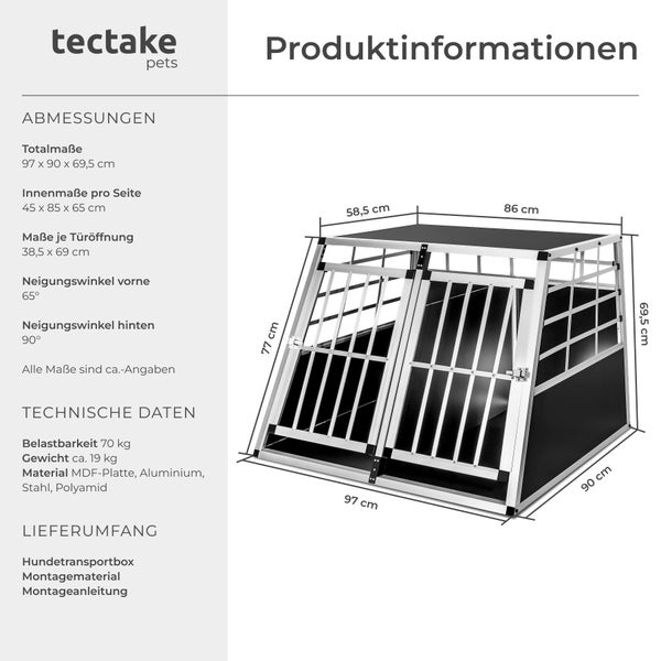 Produktinformationen für eine Hundetransportbox von tectake pets mit Maßangaben.