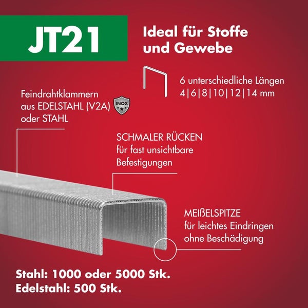JT21 Feindrahtklammern aus Edelstahl oder Stahl für Stoffe und Gewebe, in Längen von 4 bis 14 Millimeter mit schmalem Rücken und Meißelspitze.