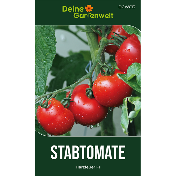 Deine Gartenwelt Logo. Samentüte für Stabtomate Harzfeuer F1 mit reifen Tomaten an der Rispe.