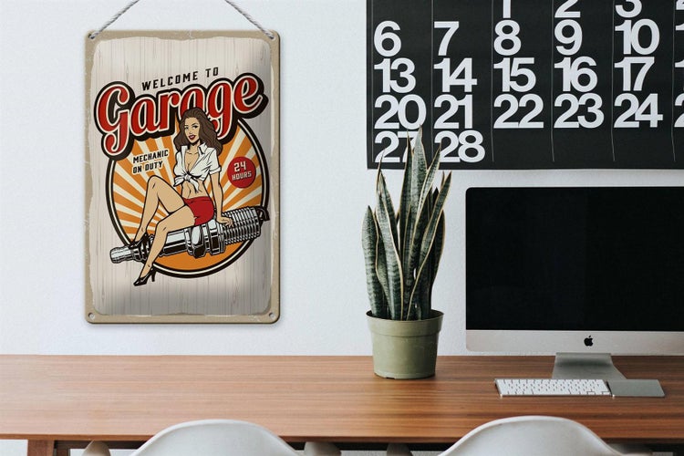 Blechschild Spruch Pinup Welcome to Garage Mechanic on 20x30cm