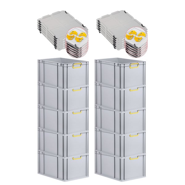 PROREGAL Spar Set 10x Eurobox Nextgen Color Mit Auflagedeckel & Schiebeschnappverschlüsse HxBxT 32 x 40 x 60 cm Griffe Gelb Verstärkter Boden