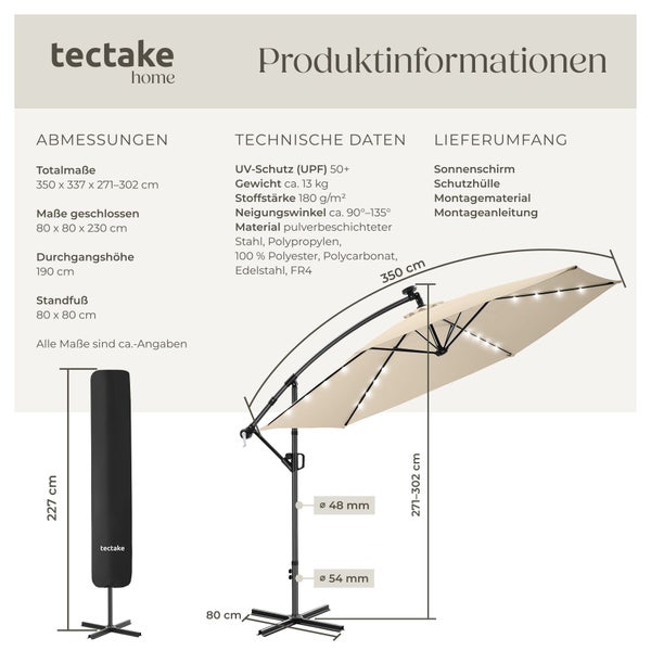 tectake home Logo. Infografik für Sonnenschirm mit Maßen, Material und Lieferumfang sowie Zeichnungen im offenen und geschlossenen Zustand.