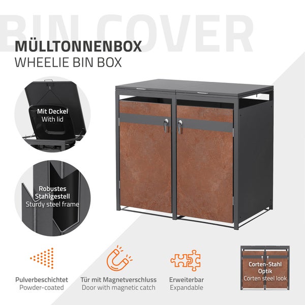 Mülltonnenbox aus pulverbeschichtetem Stahl mit zwei Fächern und Türen in Cortenstahl Optik, inklusive Deckel und Magnetverschluss.