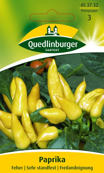 Quedlinburger Saatgut Logo, Samen für Paprika Feher, gelbe, spitz zulaufende Früchte, standfest und geeignet für das Freiland.