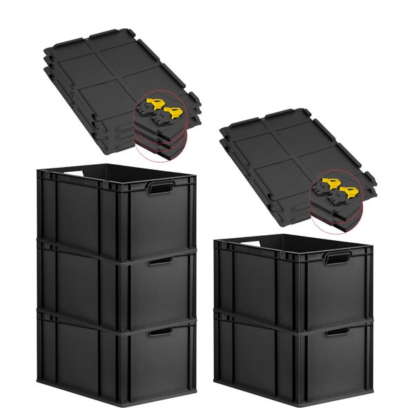 PROREGAL SuperSparSet 5x Eurobox NextGen Grip mit Scharnierdeckel und gelben Schiebeschnappverschlüssen, HxBxT 32x40x60cm, 65 Liter, Schwarz, Griffe offen, Verstärkter Boden, Eurobehälter, Transportbox, Transportbehälter, Stapelbehälter