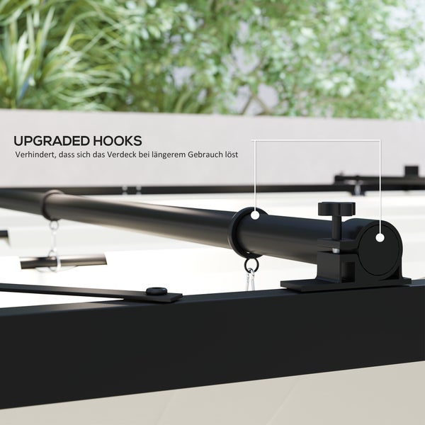 Szene mit einer grauen Pergola mit Sonnensegel, einer grauen Couch, Stühlen und Personen auf einer Holzterrasse