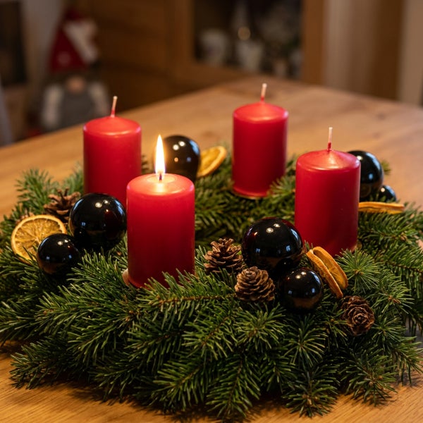 Adventskranz mit vier Stumpenkerzen dekoriert mit Weihnachtskugeln, getrockneten Orangenscheiben und Tannenzapfen auf einem Holztisch.