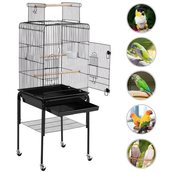 Vogelkäfig mit Ständer und mehreren Vögeln