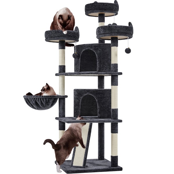 Katzenkratzbaum mit mehreren Ebenen, Höhlen und Spielzeug mit Katzen