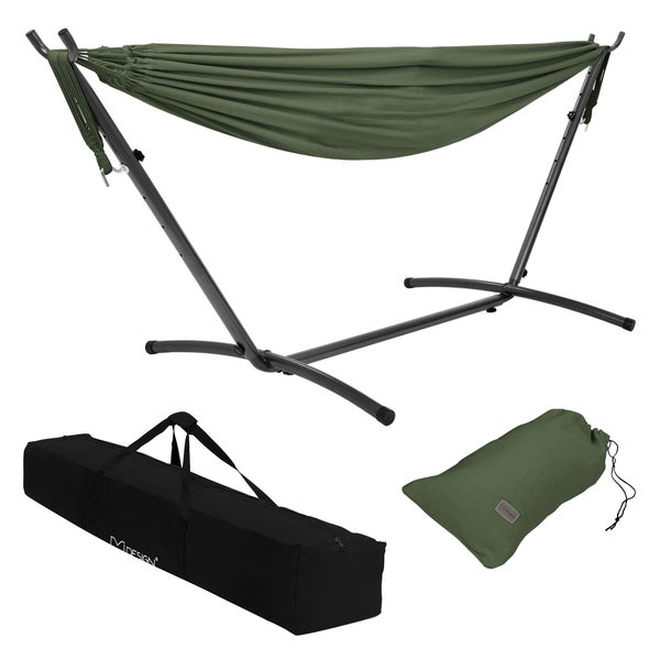 ML-Design Doppel Hängematte mit Stahlgestell, Khaki, Platz für 2 Personen, Indoor & Outdoor, XXL Hängesessel mit Tragetasche, Hängemattengestell, Doppelhängematte mit Ständer, für Garten & Balkon