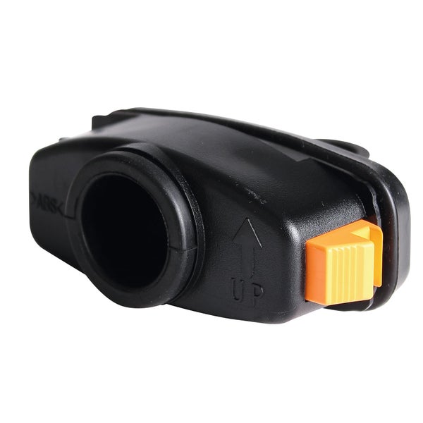 Schwarzer Gerätestecker aus Kunststoff mit gelbem Auswurfknopf