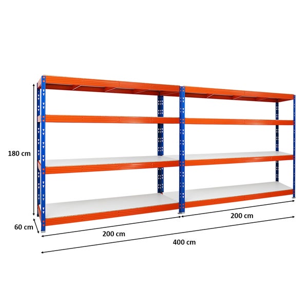 PROREGAL Mega Deal 2x Profi Schwerlastregal Rhino HxBxT 180 x 200 x 60 cm 4 Melamin-Ebenen 16mm Fachlast 500 kg Blau-Orange