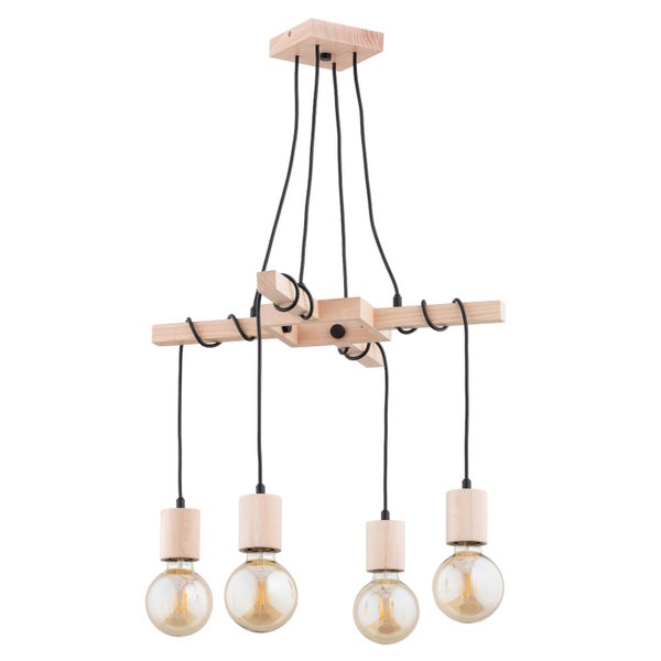 Vierflammige Pendelleuchte aus Holz mit schwarzer Aufhängung im rustikalen Design