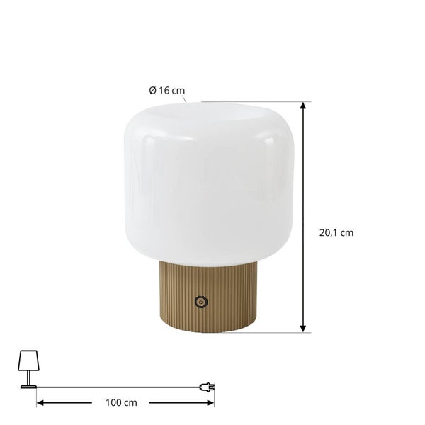 Tischleuchte mit weißem Glasschirm und geriffeltem Sockel, Durchmesser 16 Zentimeter, Höhe 20,1 Zentimeter, Kabellänge 100 Zentimeter.