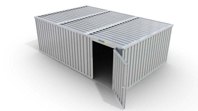 Lagercontainer Gerätehaus L3  – 25 qm, H2115 x B4050 x T6520 mm, verzinkt, ohne Fußboden, 1270 mm Einflügeltür mittig in Modul D, zerlegt