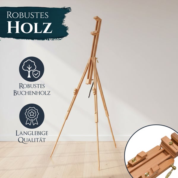 Artina Atelierstaffelei aus massivem Buchenholz mit höhenverstellbarer Leinwandauflage für Künstler.