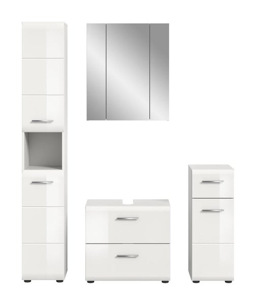 Badezimmermöbel-Set in Weiß bestehend aus Hochschrank, Spiegelschrank, Waschbeckenunterschrank und Unterschrank.