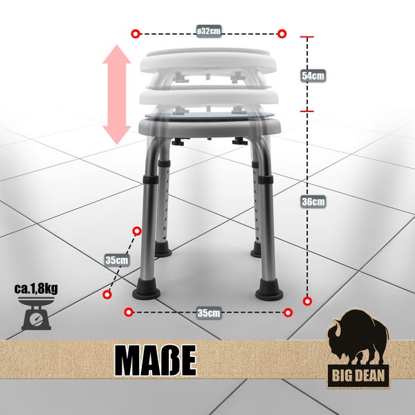 Duschhocker mit verstellbarer Höhe und den Maßen Durchmesser 32 Zentimeter, Höhe 54 Zentimeter, Tiefe 35 Zentimeter und Gewicht circa 1,8 Kilogramm