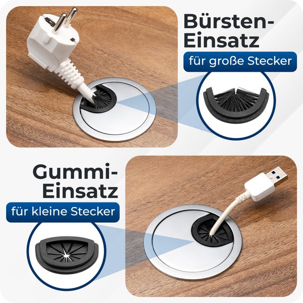 Bruce.® 2x Kabeldurchführung aus Metall, ø 60mm, Inkl. 2x Gummidurchlass, Hochwertiger Kabeldurchlass für Möbel und Schreibtisch, Endlich Ordnung am Arbeitsplatz (2, Silber)