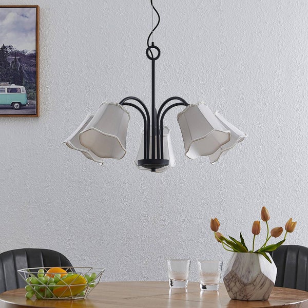 Lucande Pendelleuchte Binta (Retro, Vintage Antik) in Alu aus Textil (5 flammig E14) - Hängeleuchte Esstischlampe Hängelampe Wohnzimmerleuchte