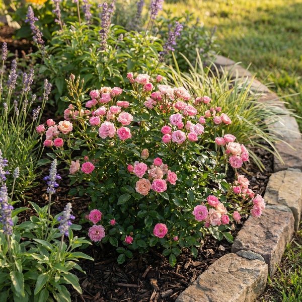 Blühende rosa Zwergrose in einem Gartenbeet mit Rindenmulch, Steineinfassung, Lavendel und Ziergras.