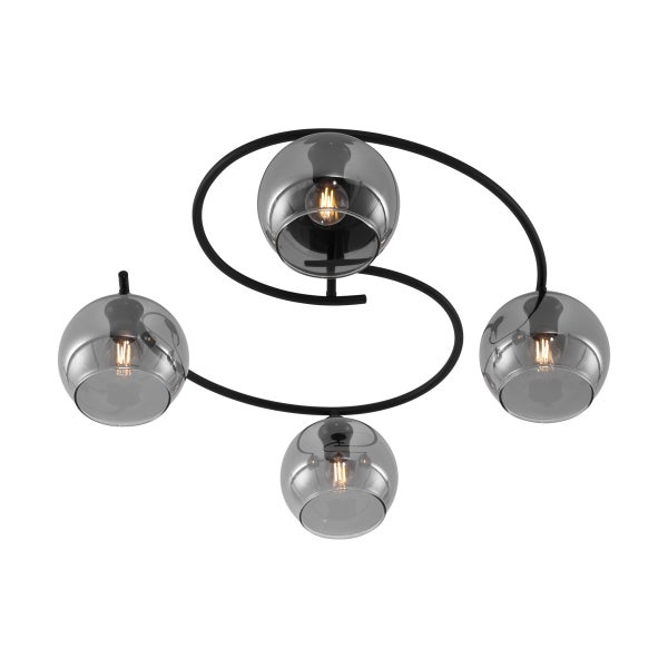 Deckenleuchte mit vier Glaskugeln an einem geschwungenen Metallrahmen