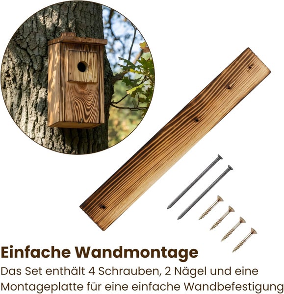 Nistkasten-Montageset mit geflammter Holzplatte, zwei Nägeln und vier Schrauben für einfache Wandmontage.