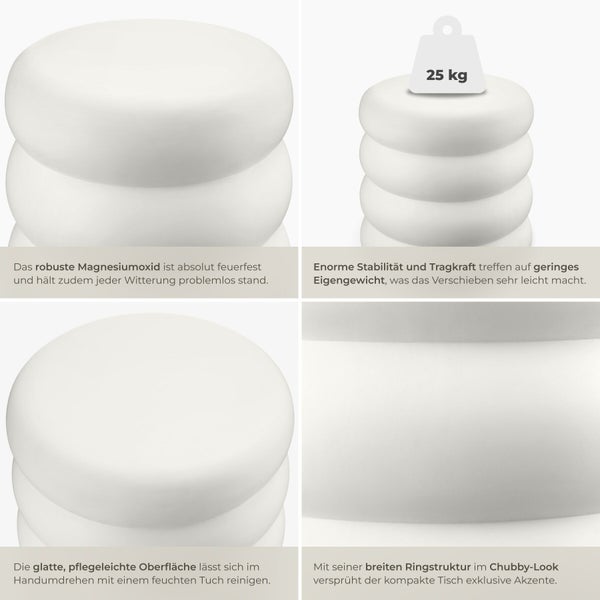 Beistelltisch aus Magnesiumoxid mit Ringstruktur im Chubby Design, belastbar bis 25 Kilogramm, wetterfest und pflegeleicht.