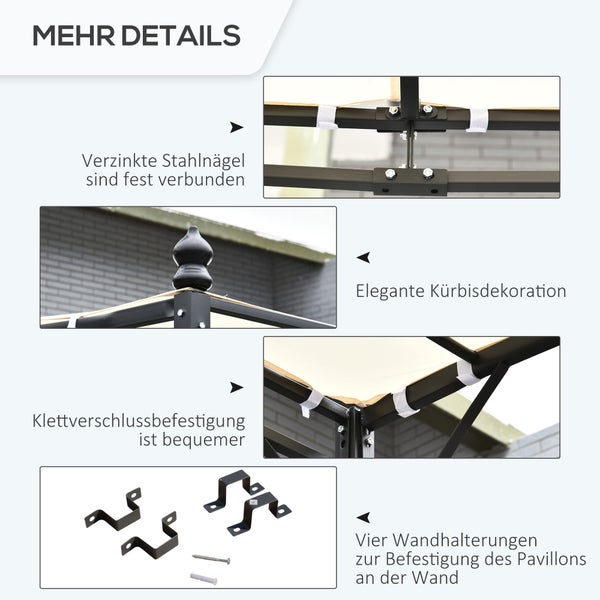Detailansicht eines Pavillons mit verzinkten Stahlnägeln, Klettverschlussbefestigung, Kürbisdekoration und Wandhalterungen zur Befestigung.