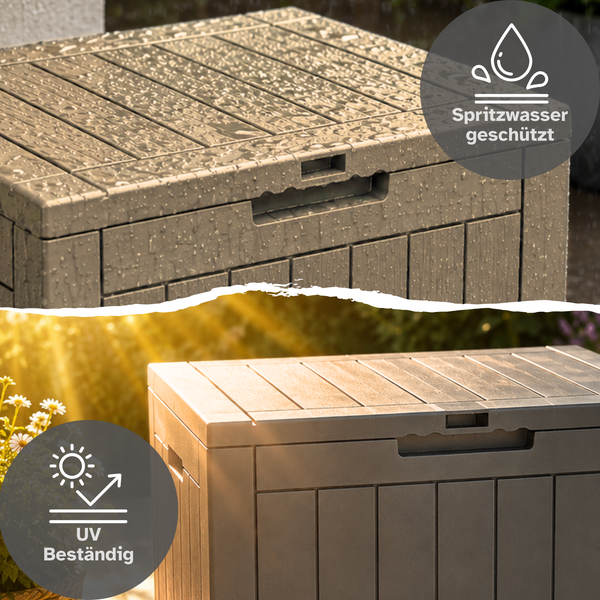 Gartenbox spritzwassergeschützt und ultraviolettbeständig.