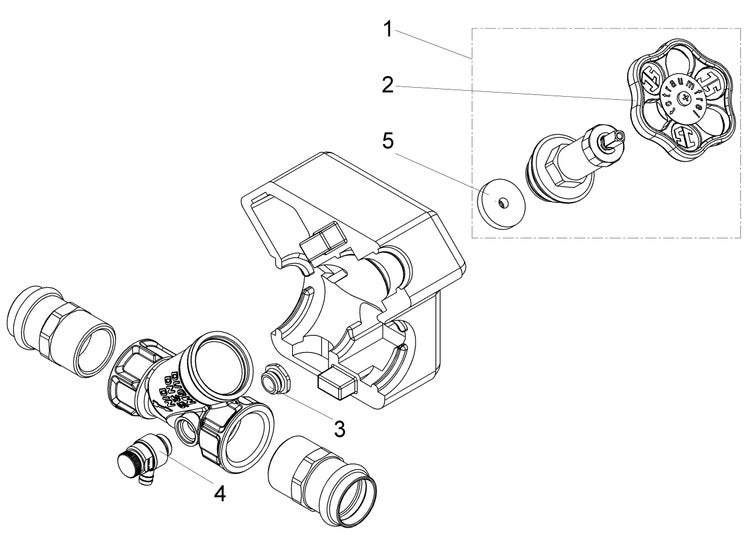 Technische Zeichnung eines Unterputzventils mit Isolierschale und nummerierten Ersatzteilen wie Handrad, Ventiloberteil und Entleerventil.