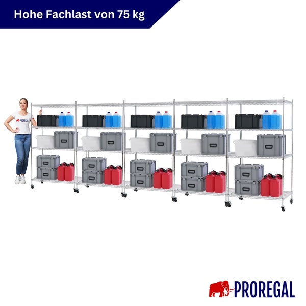 Proregal Gitterregal auf Rollen mit vier Etagen, beladen mit Boxen und Kanistern, Fachlast von 75 Kilogramm.