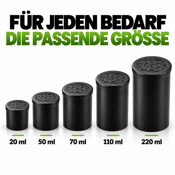 Set mit fünf zylindrischen Pop Top Aufbewahrungsbehältern in unterschiedlichen Größen von 20 Milliliter bis 220 Milliliter.