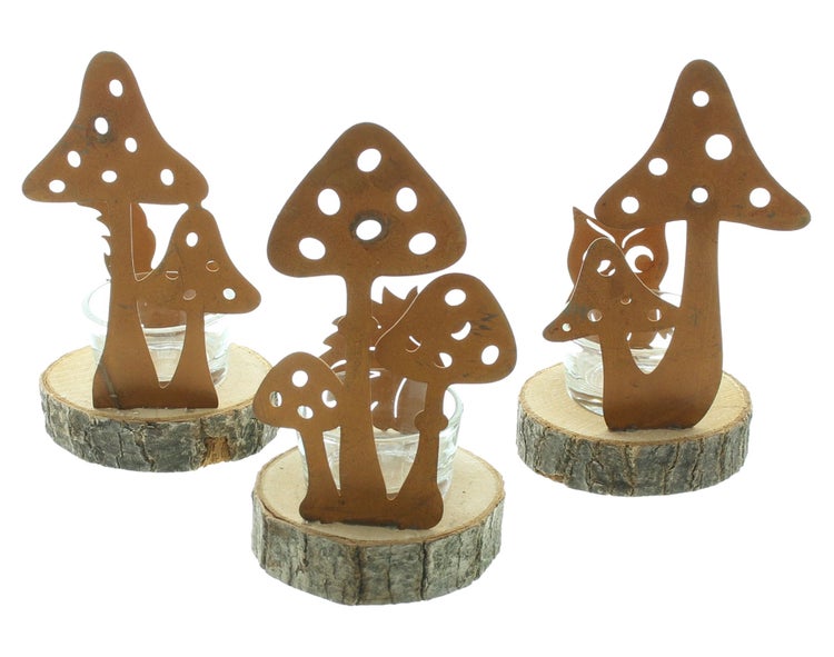 FRANK FLECHTWAREN | Teelichthalter Herbst, 3er Set, METALL, GLAS, HOLZ, 7 x 7 x 13,5 cm
